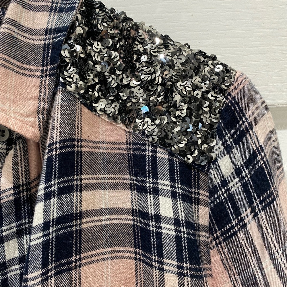 Melrose and Market Women’s Plaid Flannel, Pink Black Sequin Shoulders, S